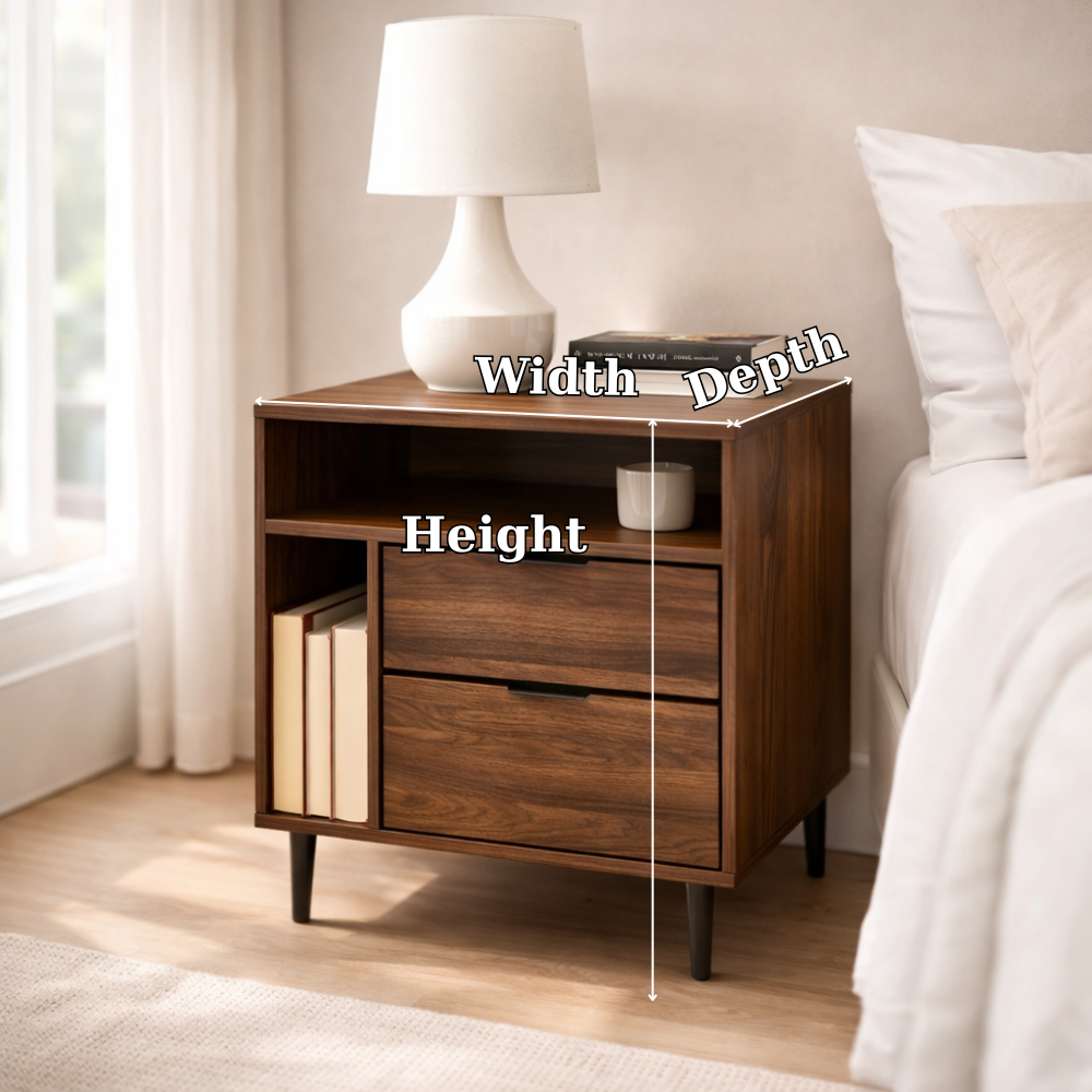 Solid Wood Nightstand with 2 Drawers & Shelf – Modern Bedside Table Storage