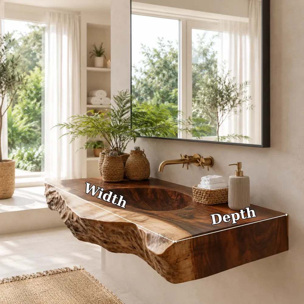 Live Edge Carved Sink Vanity | Thick Slab Solid Wood Floating Bathroom Kitchnce