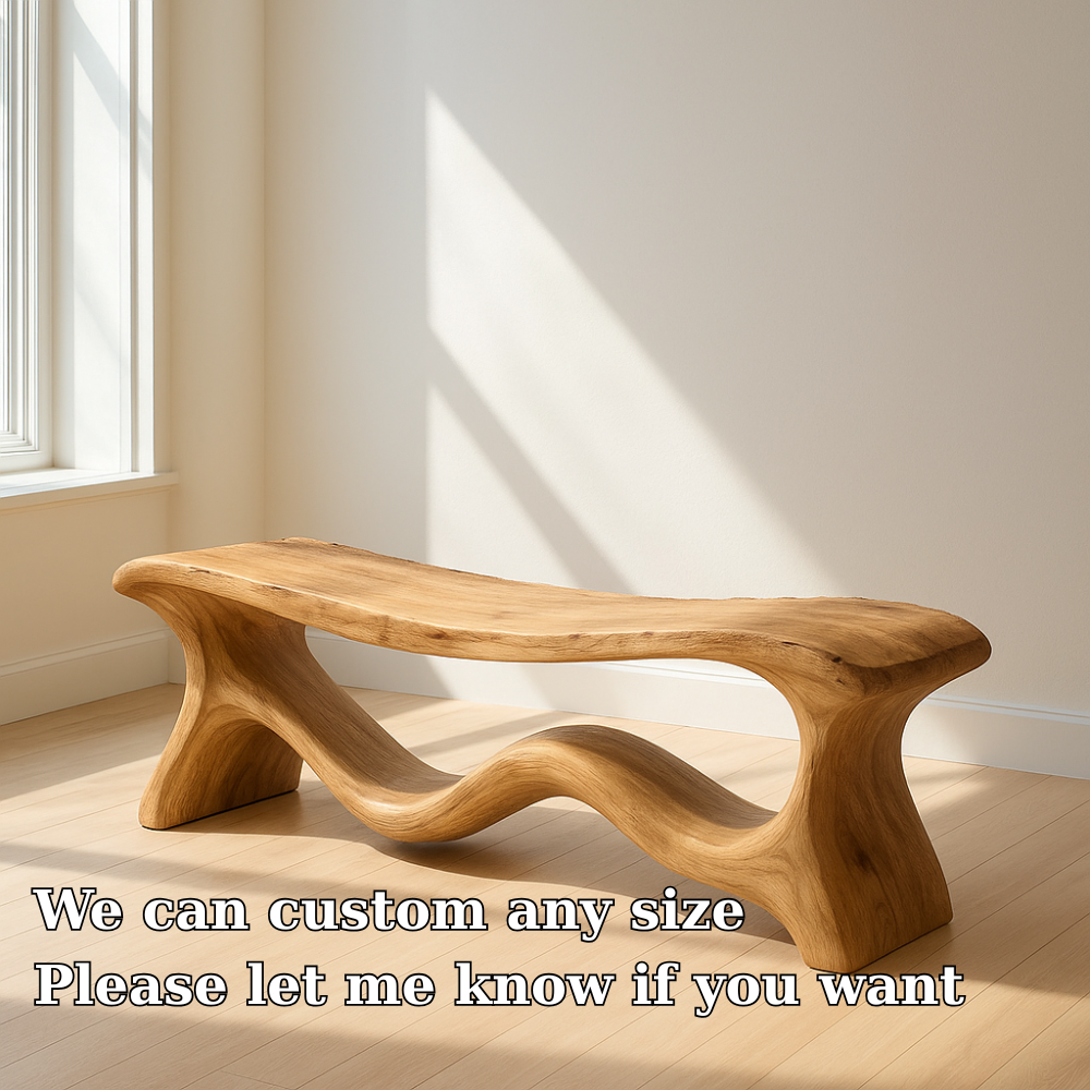 Handcrafted Solid Wood Bench – Organic Sculptural Design with Smooth Curves and Natural Finish Kitchnce
