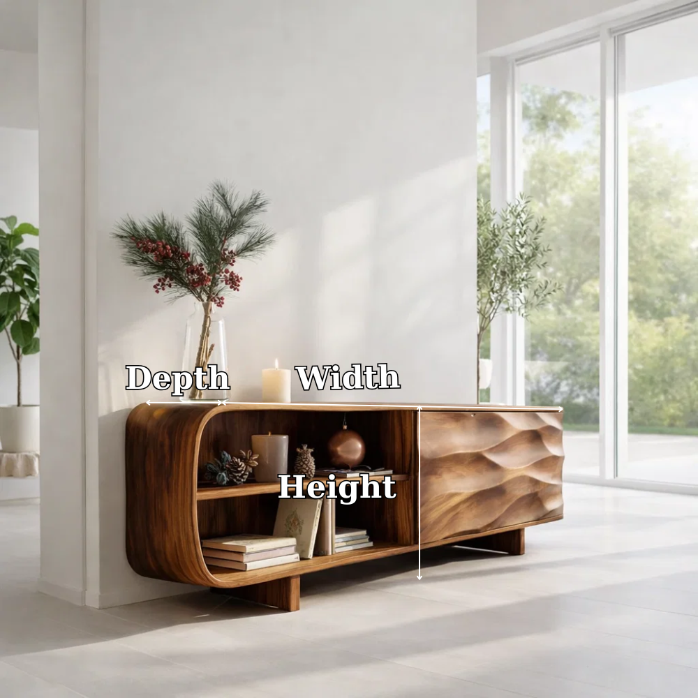 Solid Wood Sideboard Console with Wave Carved Door & Open Shelf Storage