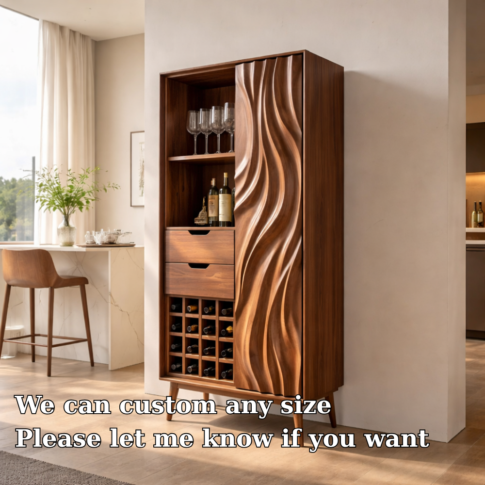 Tall Solid Wood Bar Cabinet with Wine Rack & Sculpted Door – Modern Home Bar Storage