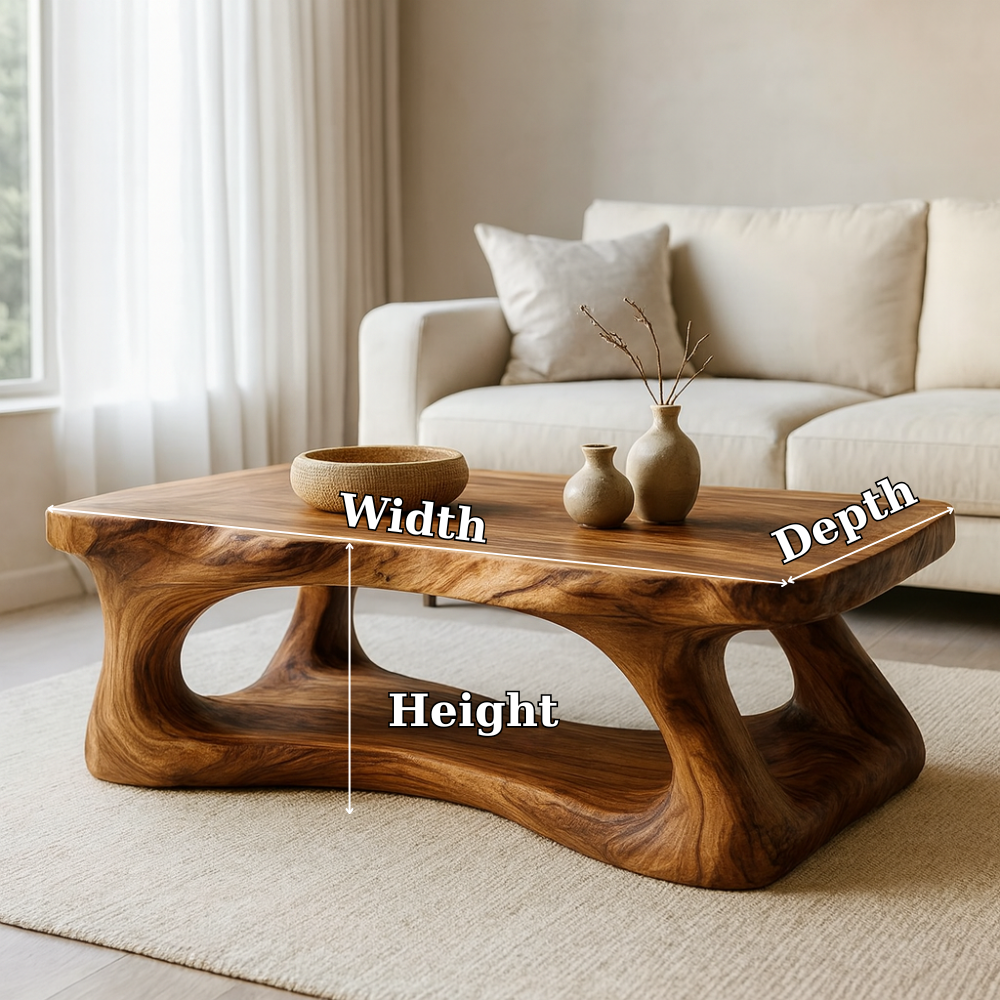 Handcrafted Solid Wood Coffee Table with Organic Sculptural Base, Modern Natural Center Table for Living Room, Luxury Artisan Wooden Furniture Kitchnce