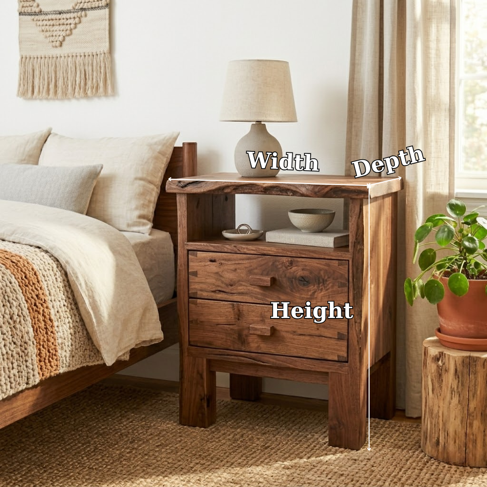 Solid Live Edge Nightstand - Rustic Table with Open Shelf and Wood Handles