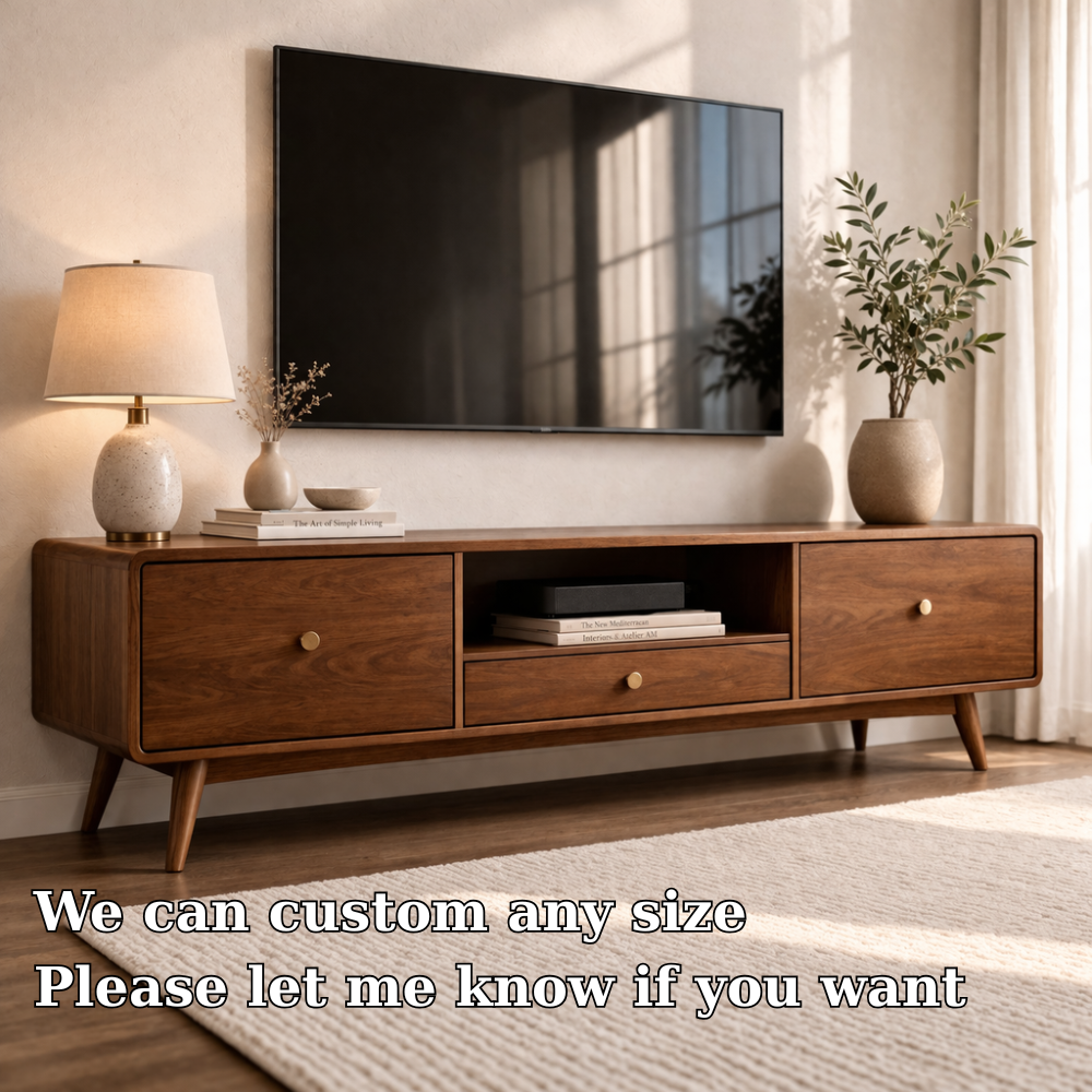 Mid Century Solid Wood TV Console with Drawers and Open Shelf