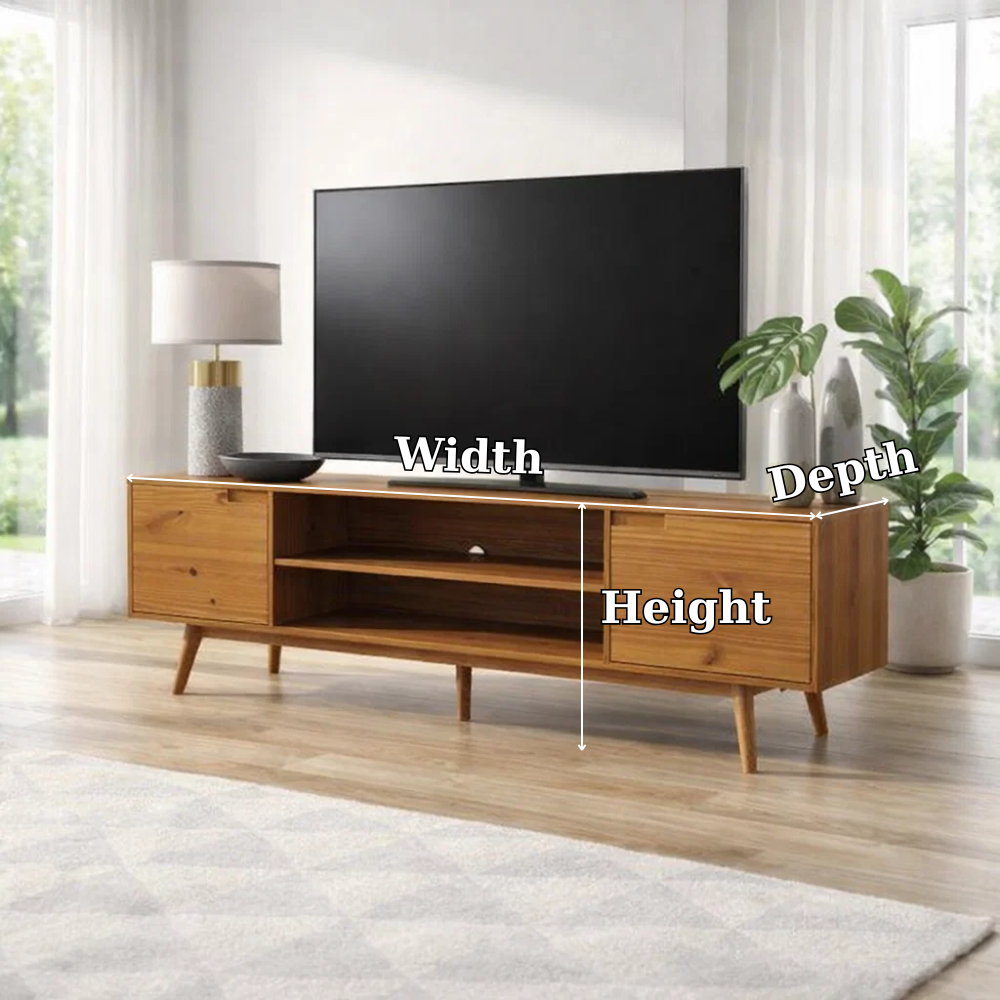 Solid Wood TV Console with Open Shelf & Cabinets – Modern Media Stand