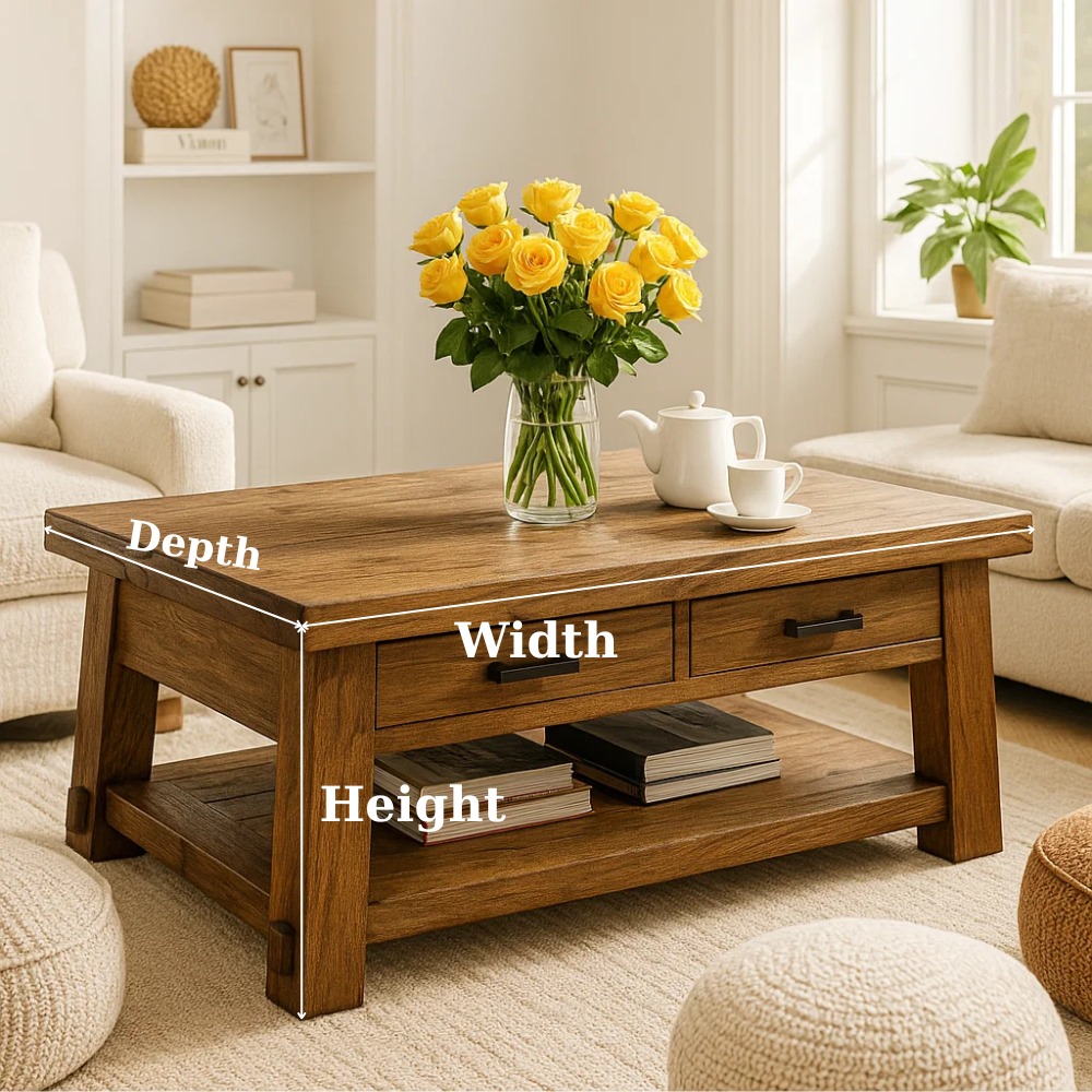 Solid Wood Coffee Table with Drawers and Storage Shelf Rustic Living Room Table