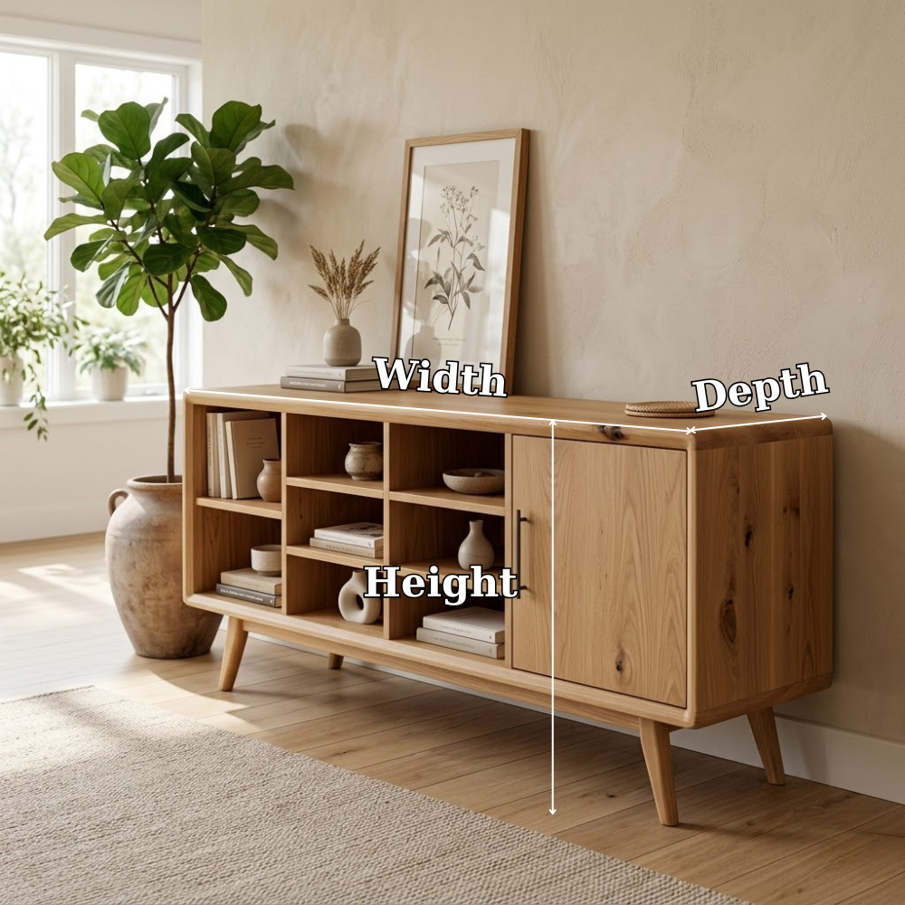 Solid Oak Console Cabinet with Shelves & Door – Modern Storage Sideboard Table