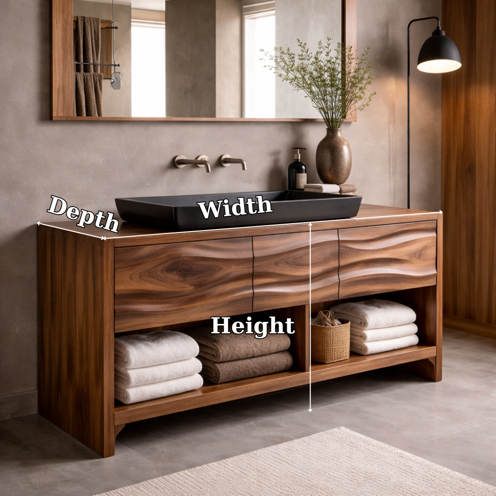 Solid Walnut Wood Bathroom Vanity Cabinet with Drawers & Open Shelf – Modern Vanity Base