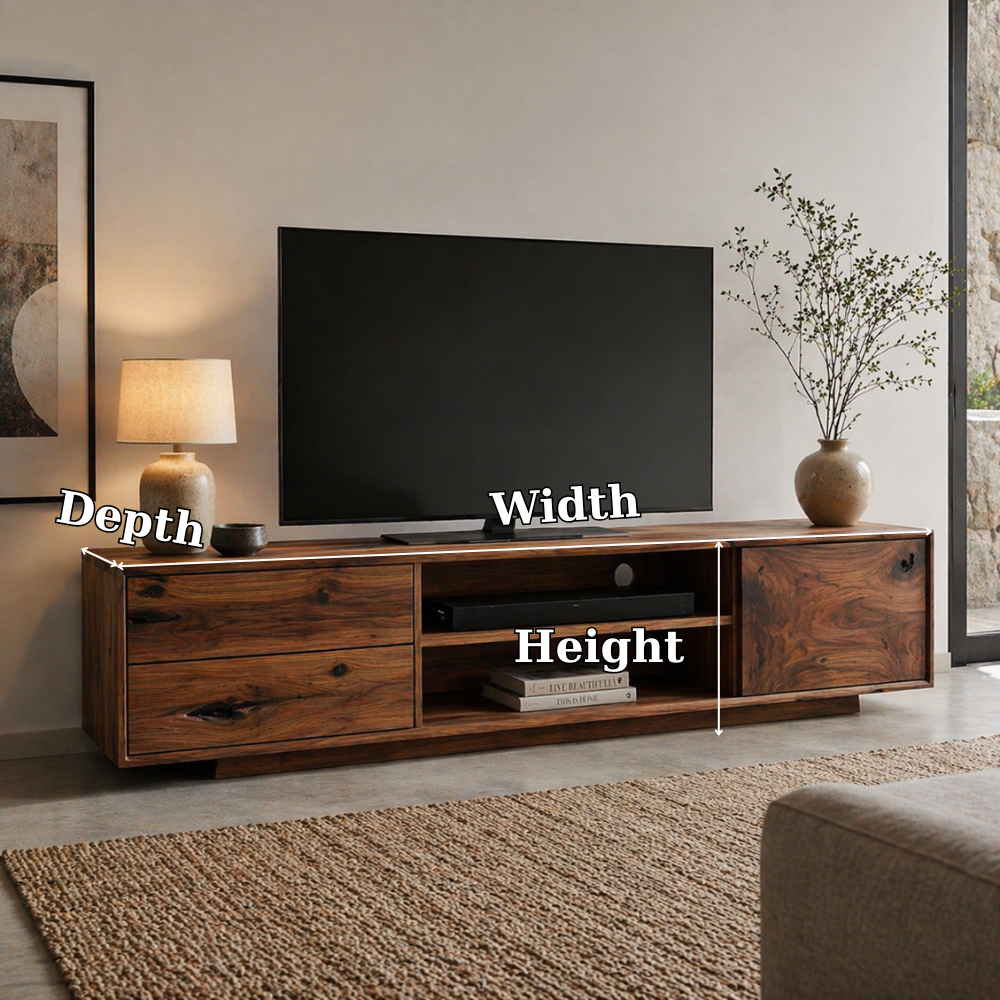 Solid Wood Media Console with Drawers, Modern Rustic TV Stand with Open Storage