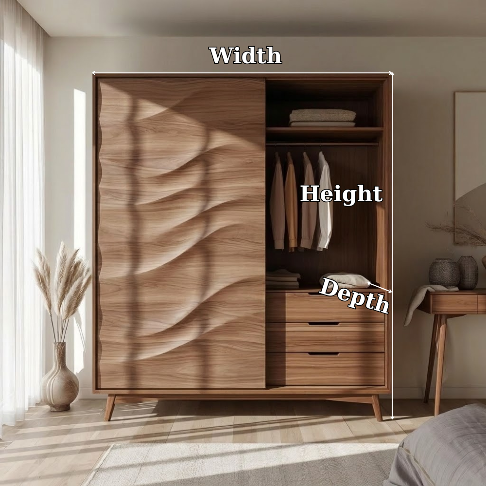Solid Wood Wardrobe with Sculpted Wave Door – Modern Bedroom Closet with Drawers