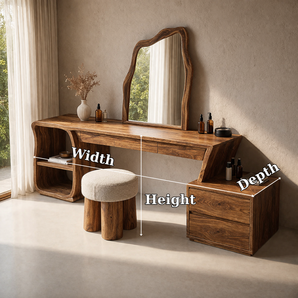 Solid Wood Makeup Vanity with Sculptural Mirror and Storage – Modern Design