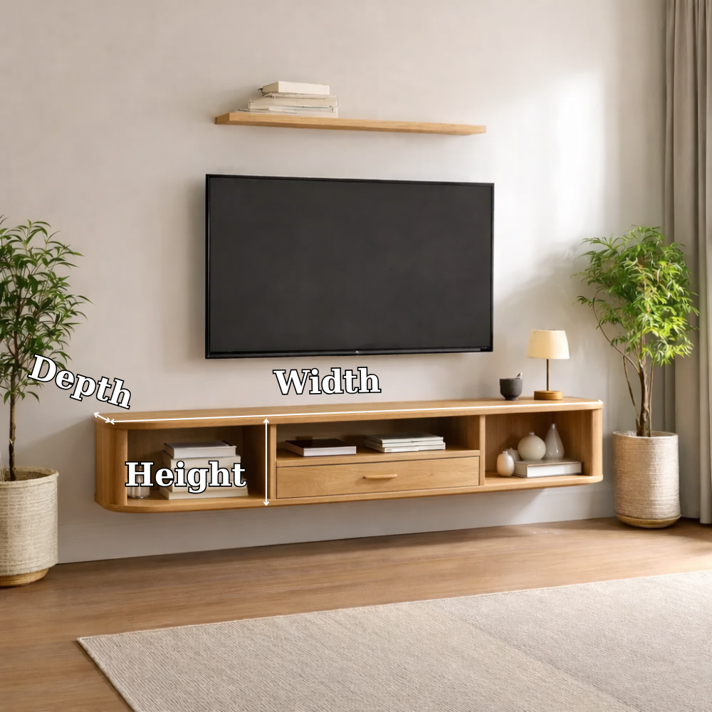 Floating Solid Wood TV Stand with Drawer and Open Shelves – Wall Mounted Media Console Kitchnce