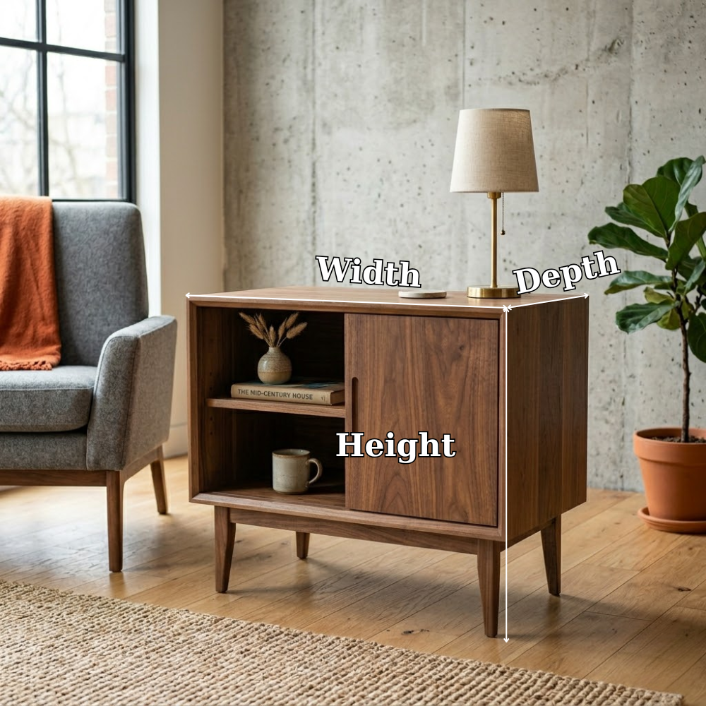 Solid Wood End Table with Sliding Door and Shelf – Mid Century Modern Side Table