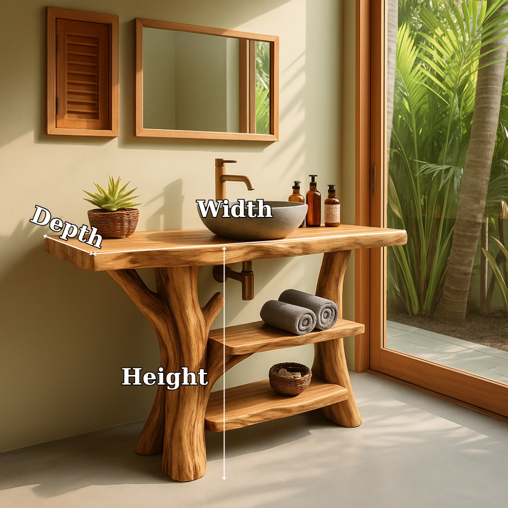 Handcrafted Solid Wood Bathroom Vanity – Organic Double Shelf Design for Natural Interiors Kitchnce
