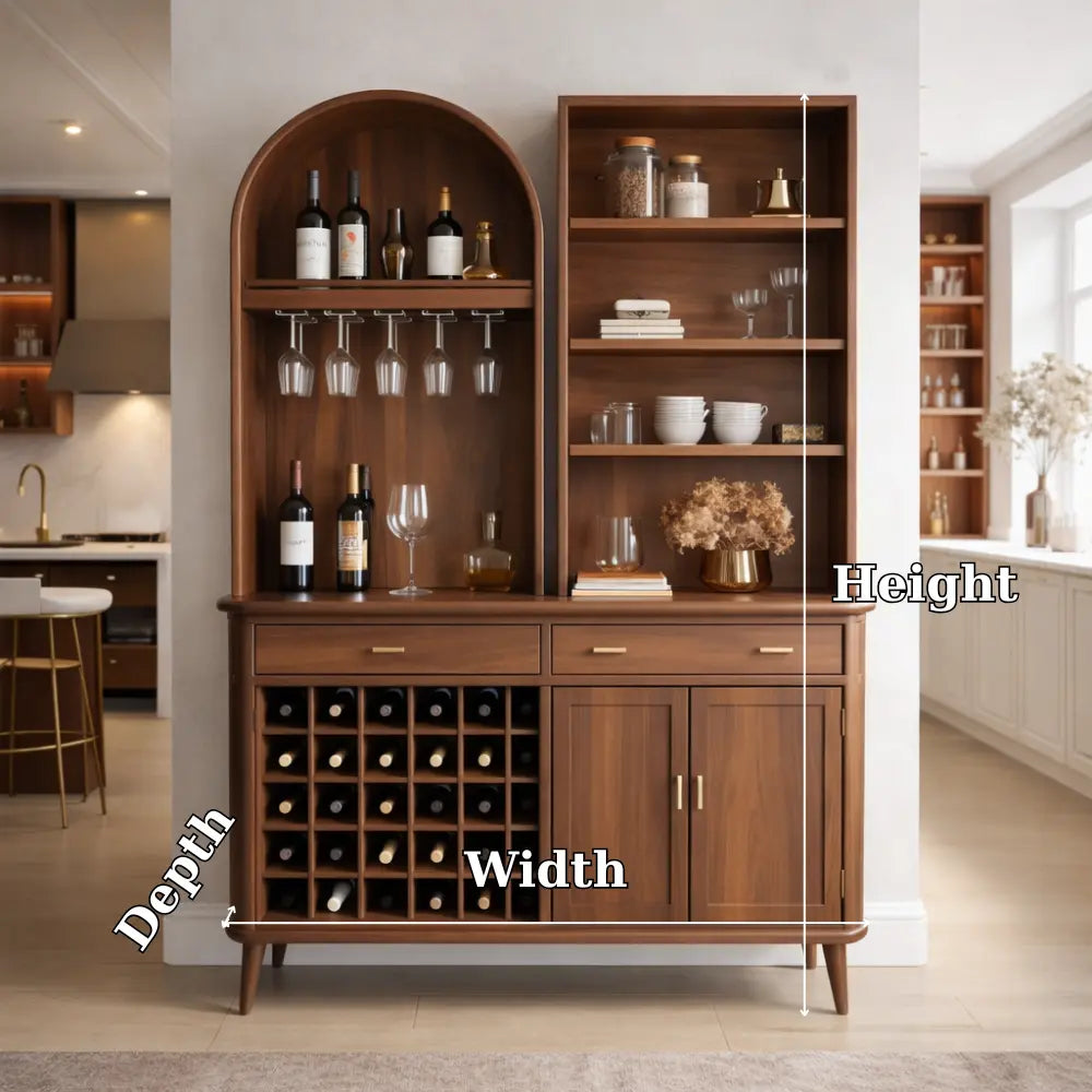 Solid Wood Bar Cabinet with Wine Rack, Arched Shelf & Open Display Storage Kitchnce