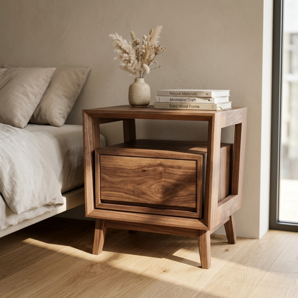 Solid Wood Nightstand - Modern Architectural Bedside Table with Floating Drawer