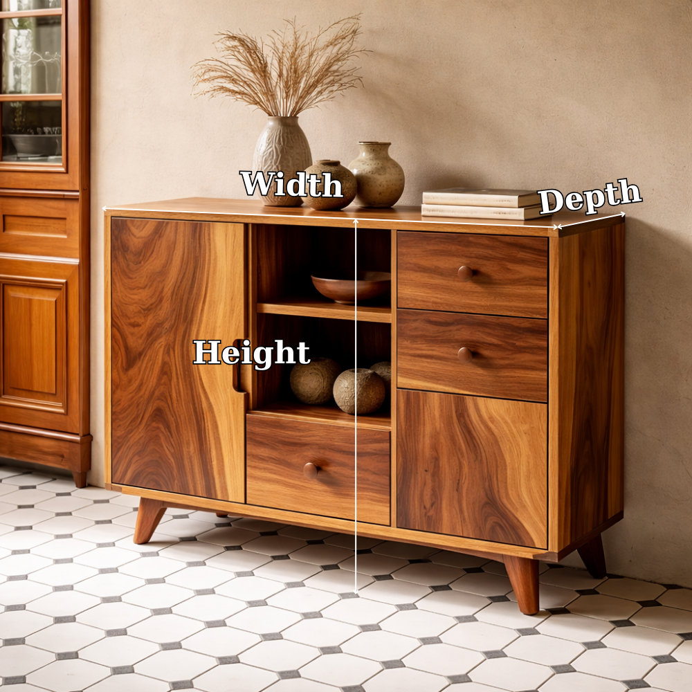 Solid Wood Console Cabinet - Mid-Century Modern Storage with Open Shelves