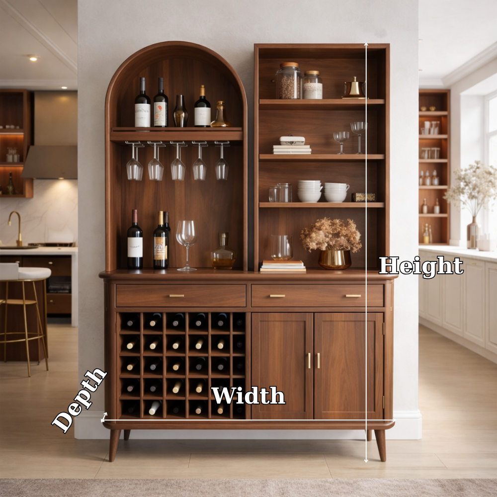 Solid Wood Bar Cabinet with Wine Rack, Arched Shelf & Open Display Storage