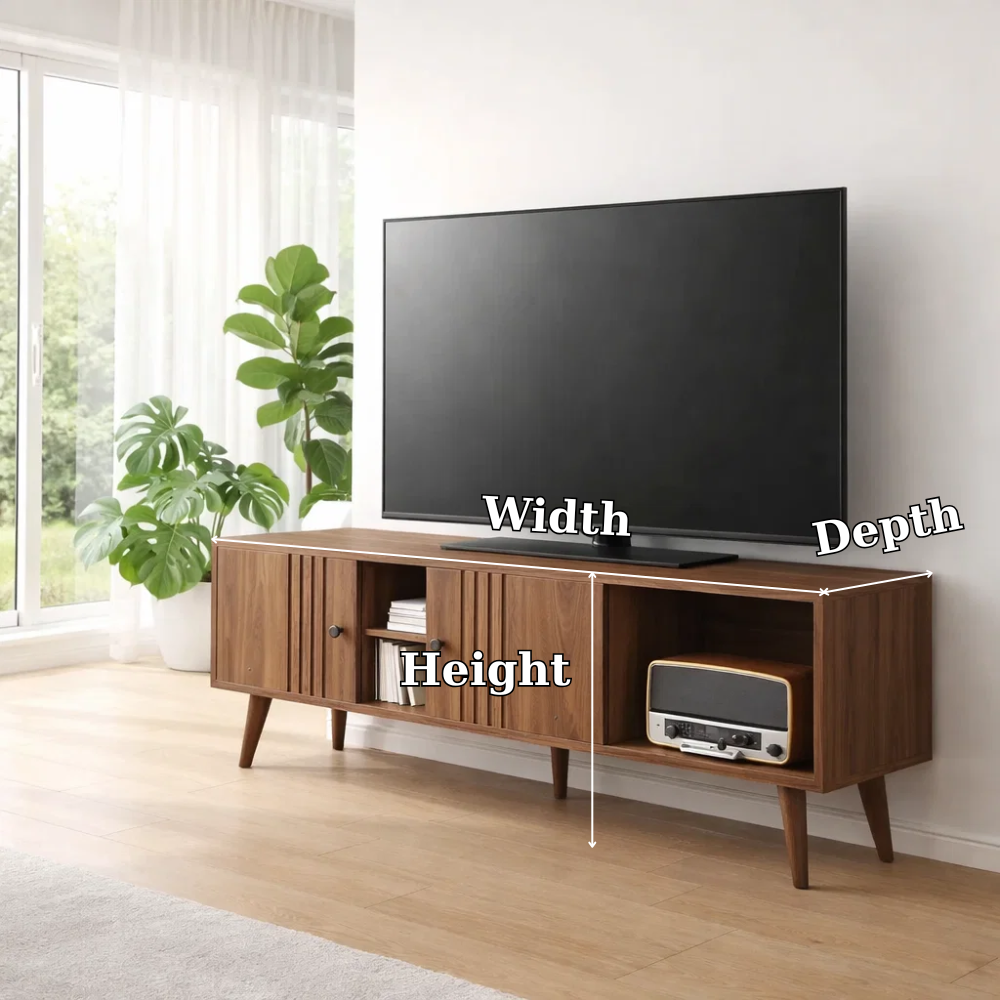 Mid Century Solid Wood TV Console with Fluted Doors & Open Shelf