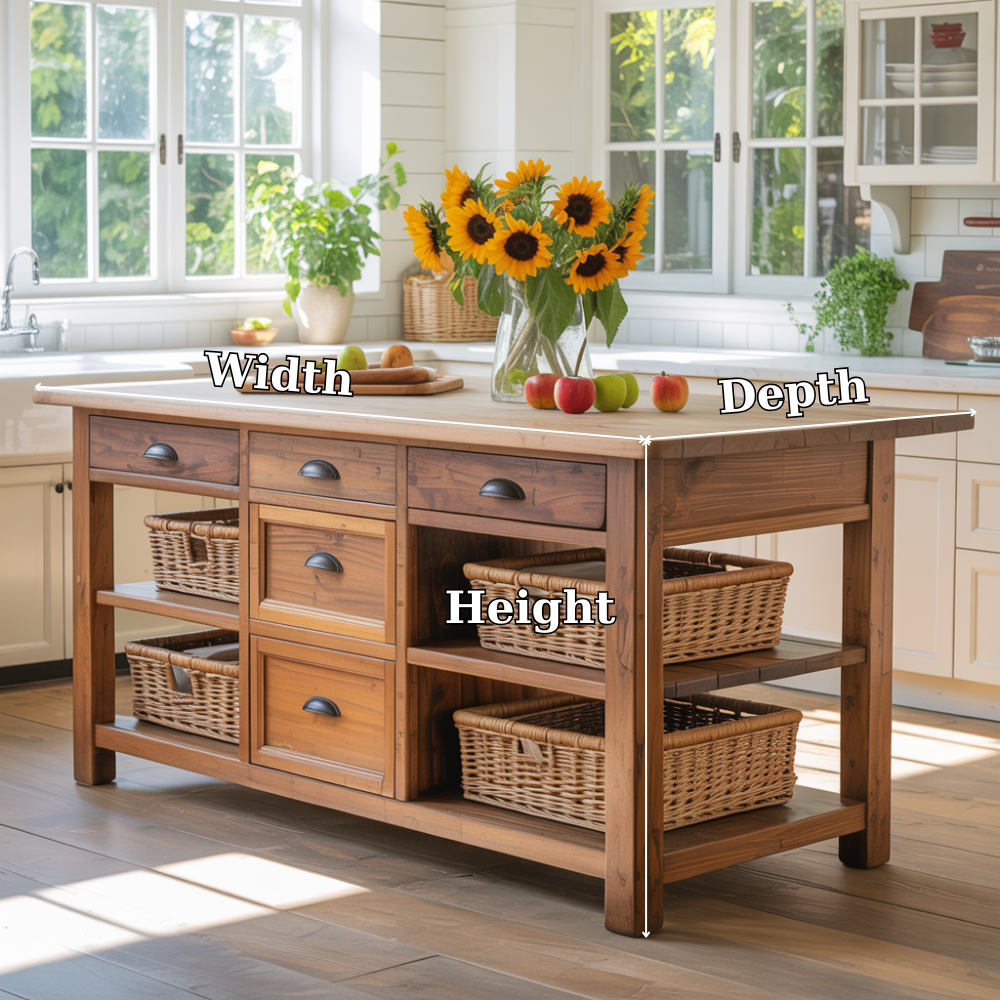 Solid Wood Kitchen Island with Drawers & Basket Storage – Farmhouse Prep Table
