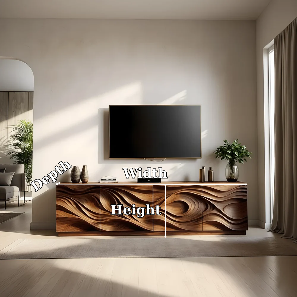 Solid Wood TV Stand Modern Media Console with Sculpted Wave Design