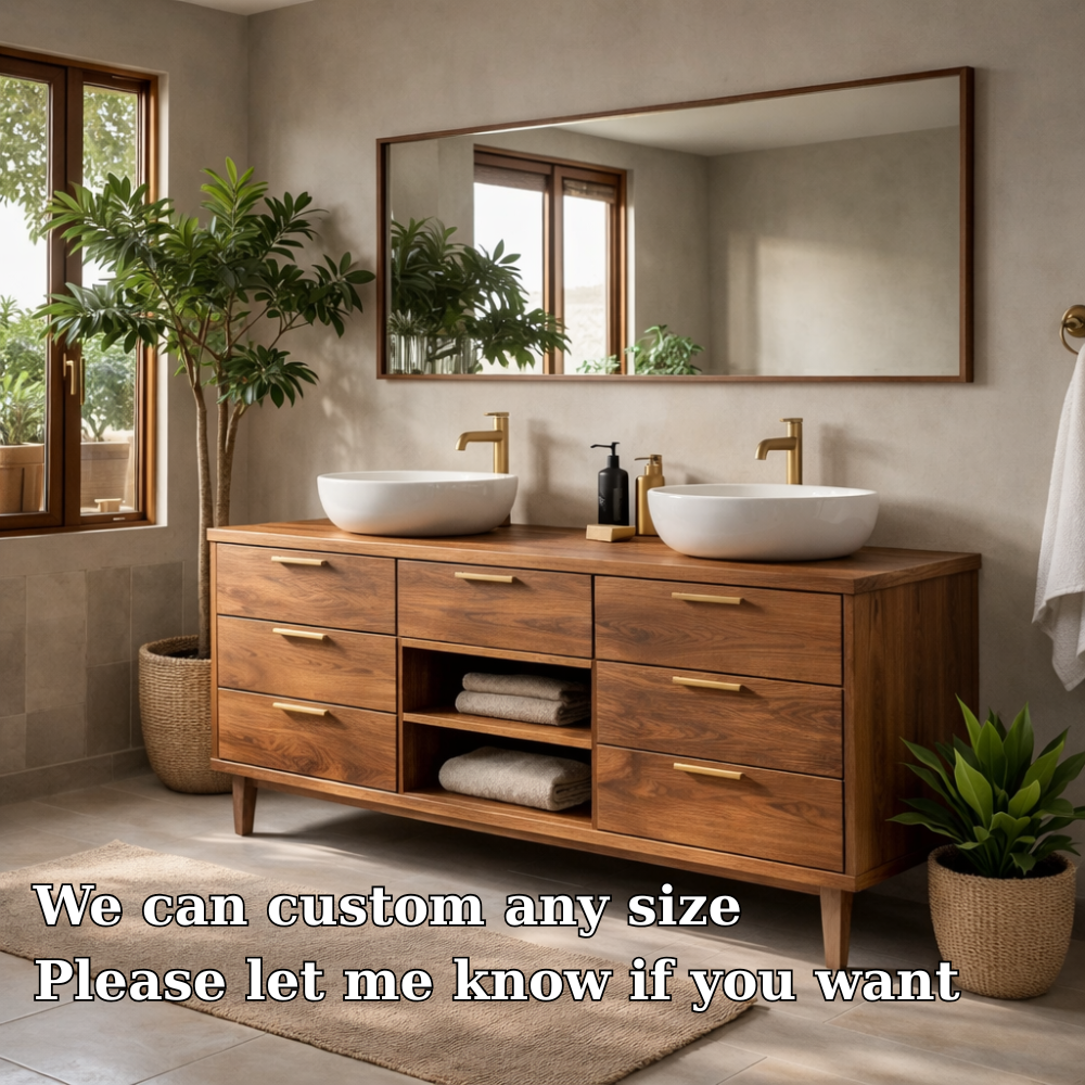Solid Wood Double Bathroom Vanity with Drawers and Center Open Shelf Storage