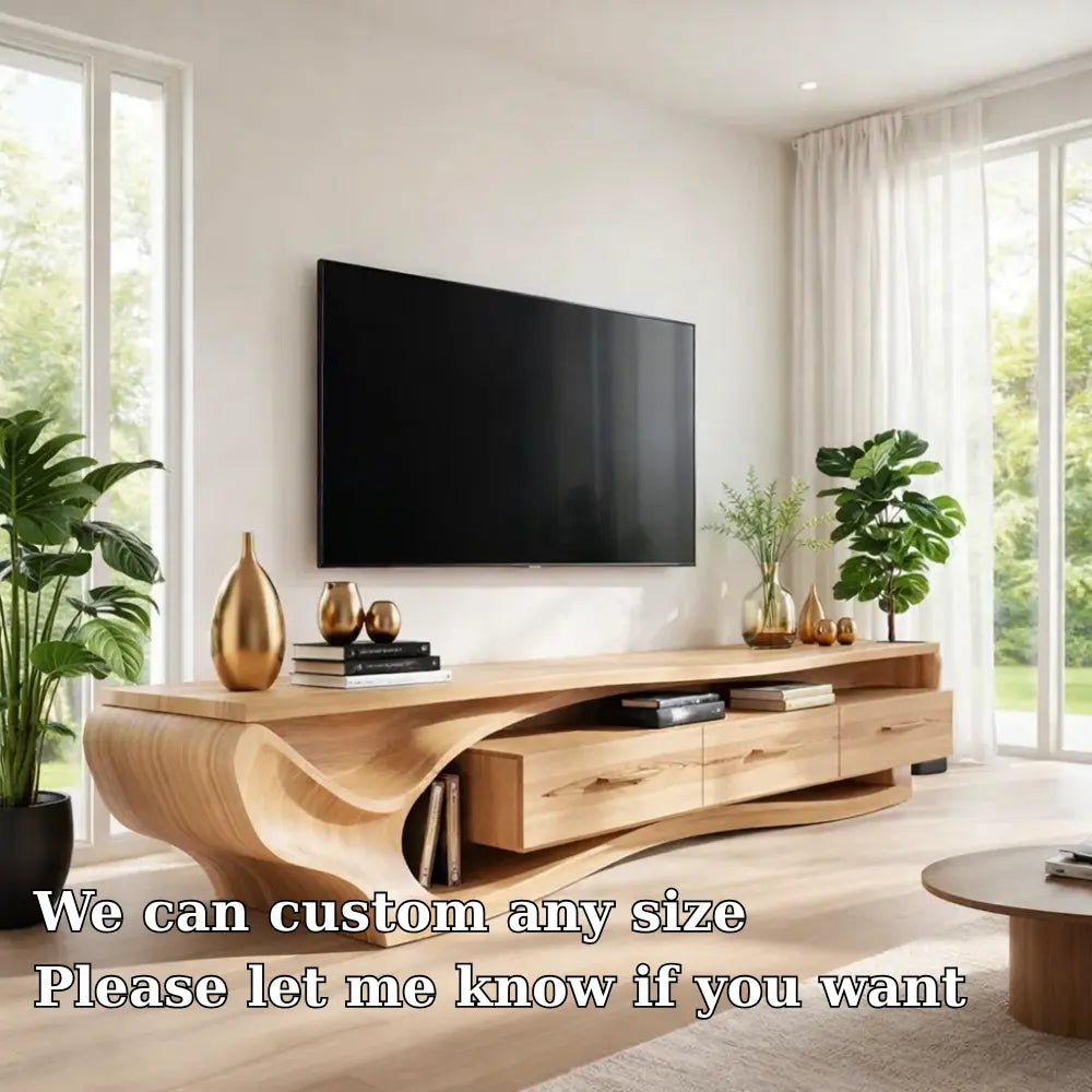 Solid Wood TV Cabinet with Curved Base – Modern Oak Media Console Kitchnce