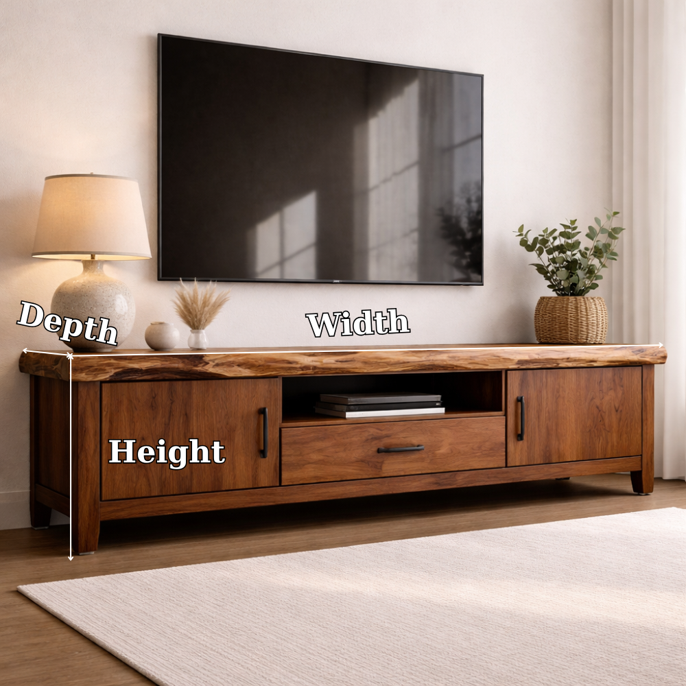 Solid Wood TV Console with Live Edge Top and Storage Cabinets