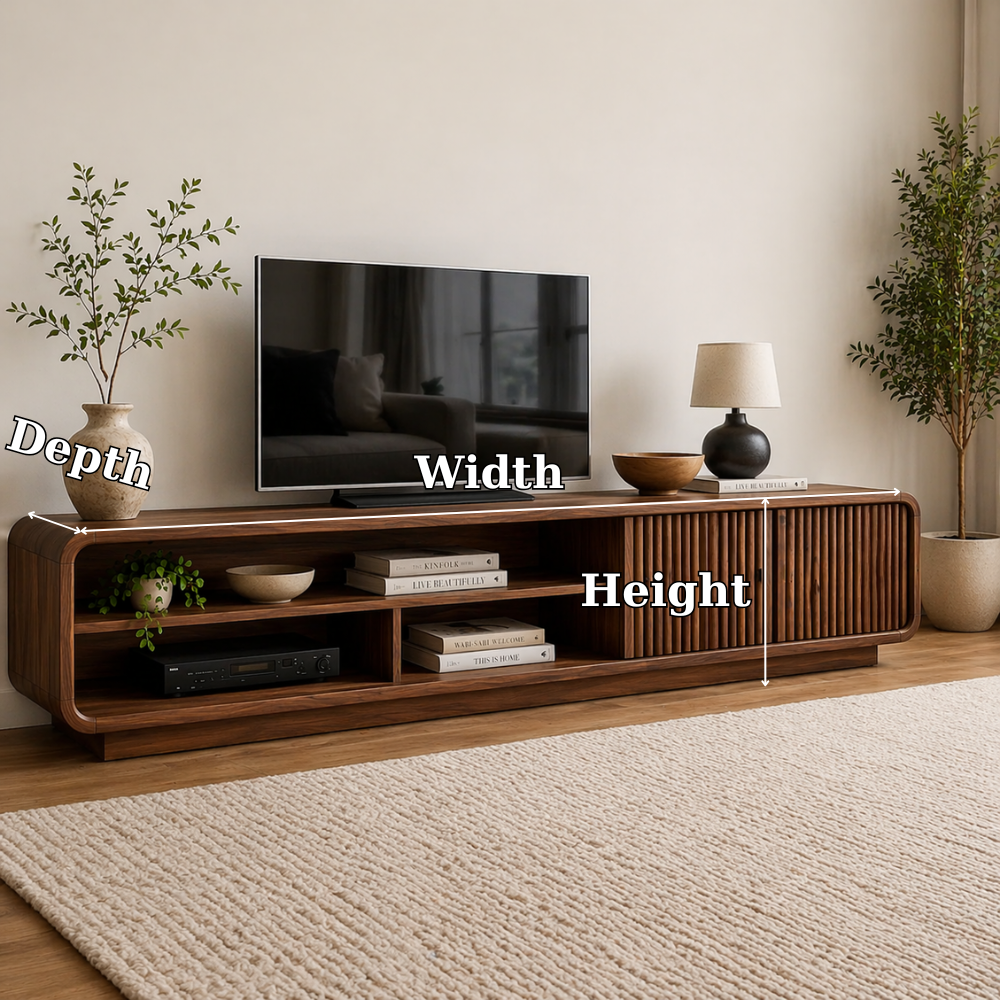 Mid Century Solid Wood TV Cabinet with Slatted Doors & Open Media Storage