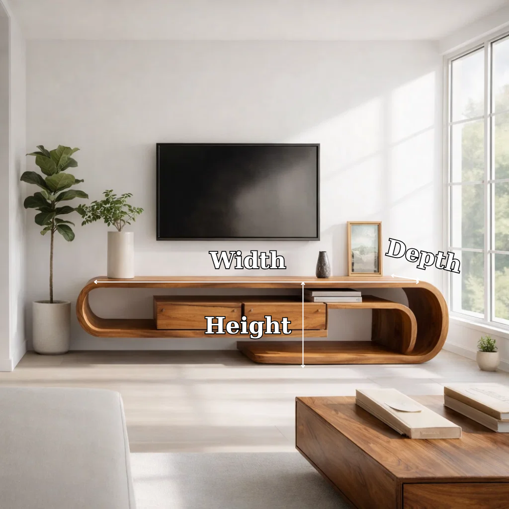 Solid Wood Media Console with Curved Frame & Floating Design, Modern TV Stand