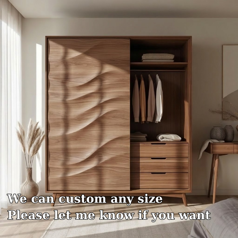 Solid Wood Wardrobe with Sculpted Wave Door – Modern Bedroom Closet with Drawers