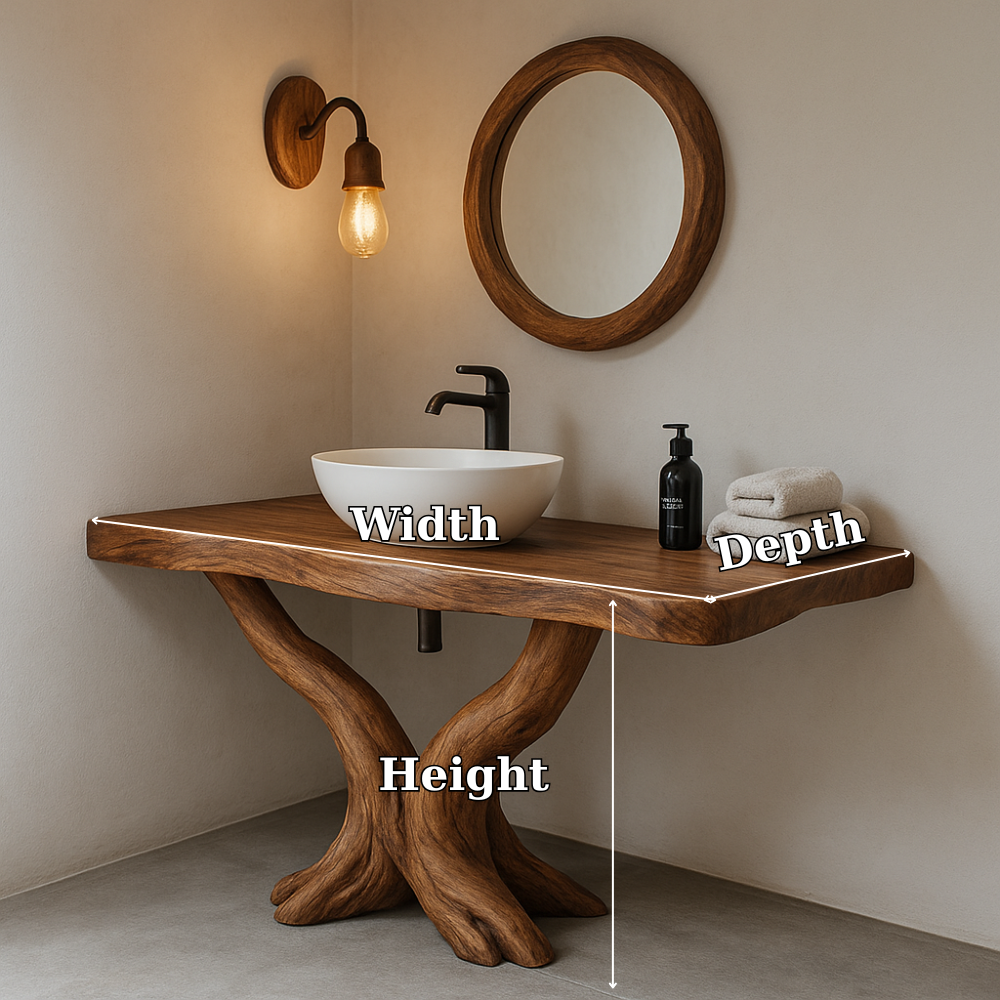 Handcrafted Solid Wood Bathroom Vanity – Rustic Natural Design with Curved Root Base Kitchnce