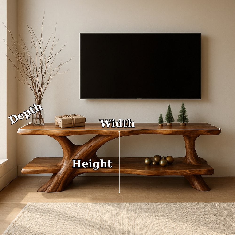 Handcrafted Solid Wood TV Stand – Organic Flow Design with Natural Finish for Modern Interiors Kitchnce