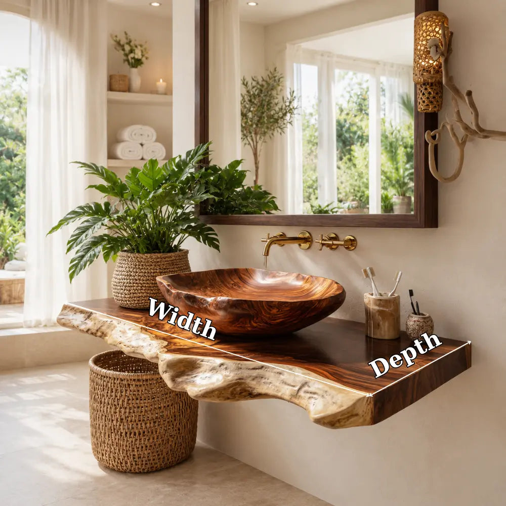 Live Edge Vanity with Wood Vessel Sink | Solid Wood Floating Bathroom Set Kitchnce