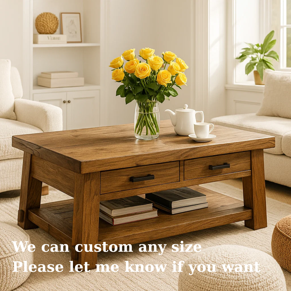 Handcrafted Solid Wood Coffee Table – Rustic Modern Center Table with A-Frame Legs, Drawers, and Shelf for Cozy Living Room Kitchnce