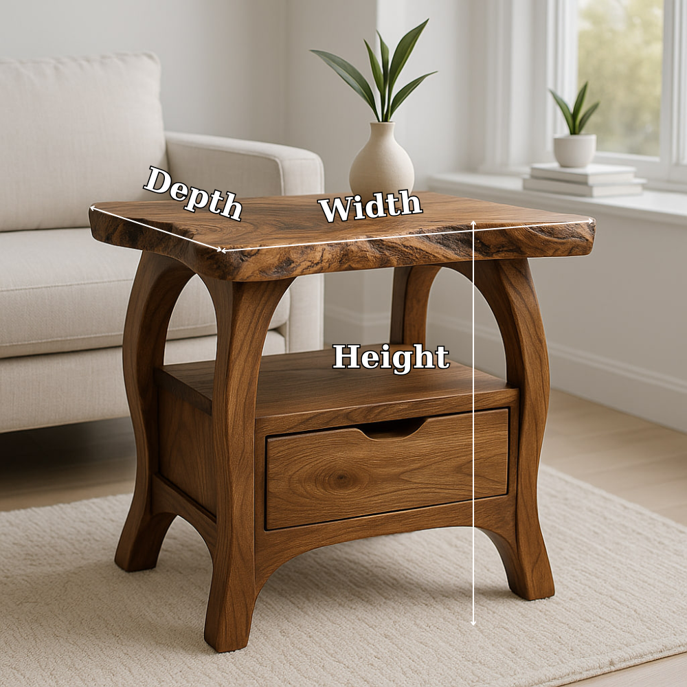 Handcrafted Solid Wood End Table with Drawer – Live Edge Organic Side Table Kitchnce