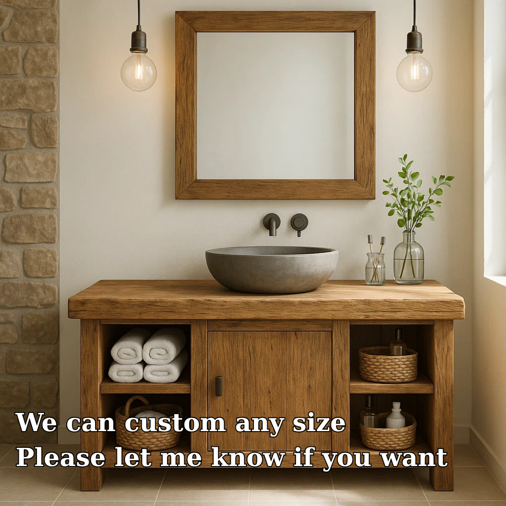 Rustic Wooden Bathroom Vanity with Vessel Sink and Storage Compartments Kitchnce