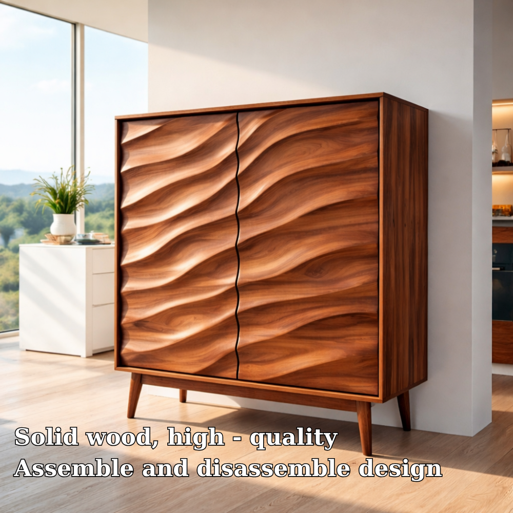 Solid Wood Bar Cabinet with Sculpted Wave Doors – Modern Mid Century Home Bar Storage