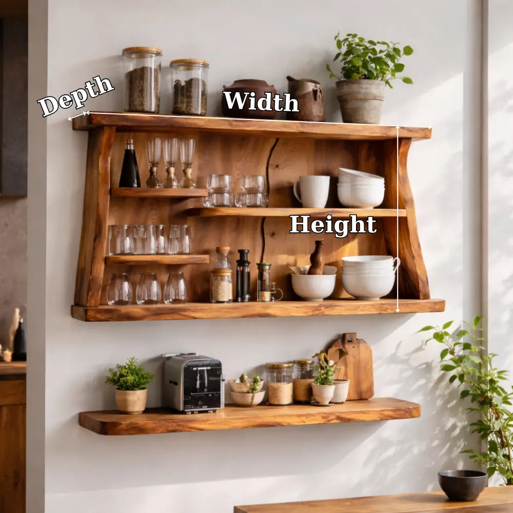 Solid Wood Kitchen Cabinet Shelf – Rustic Wall Mounted Open Storage Rack Kitchnce