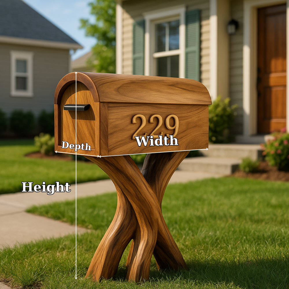 Handcrafted Solid Wood Mailbox with Sculpted Base – Unique Outdoor House Number Post Kitchnce