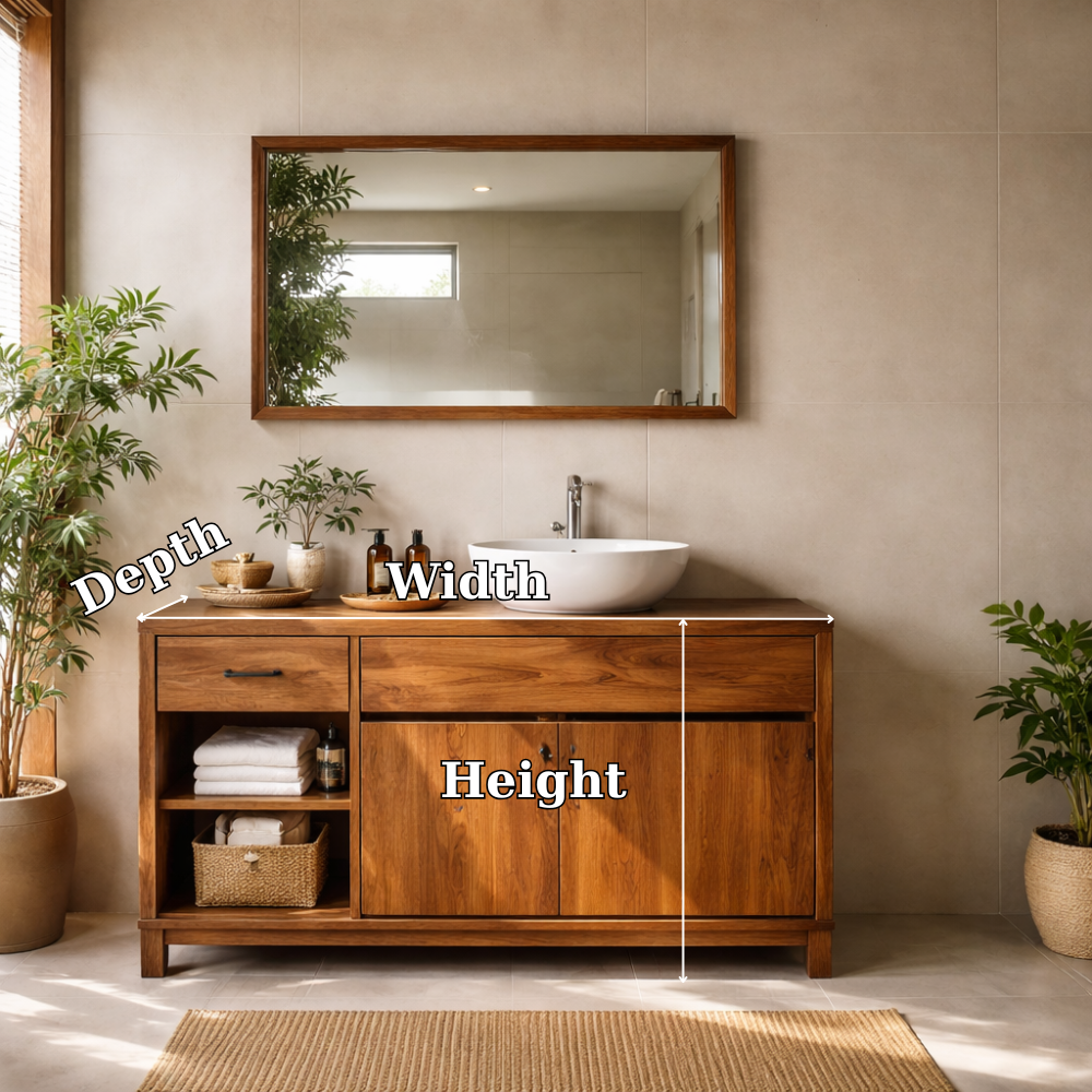 Solid Wood Bathroom Vanity with Side Shelf Storage – Natural Wood Freestanding Vanity Cabinet