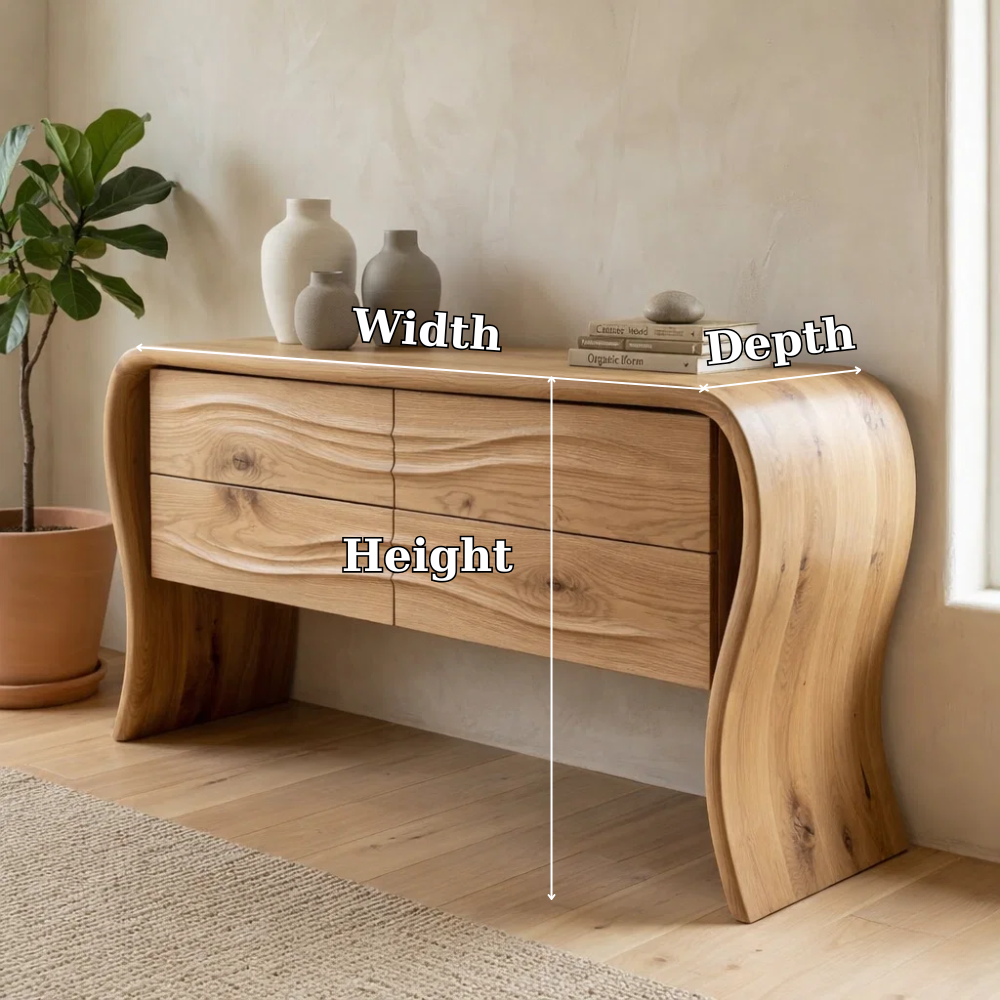 Solid Oak Console Cabinet with Drawers – Modern Curved Wood Entryway Table