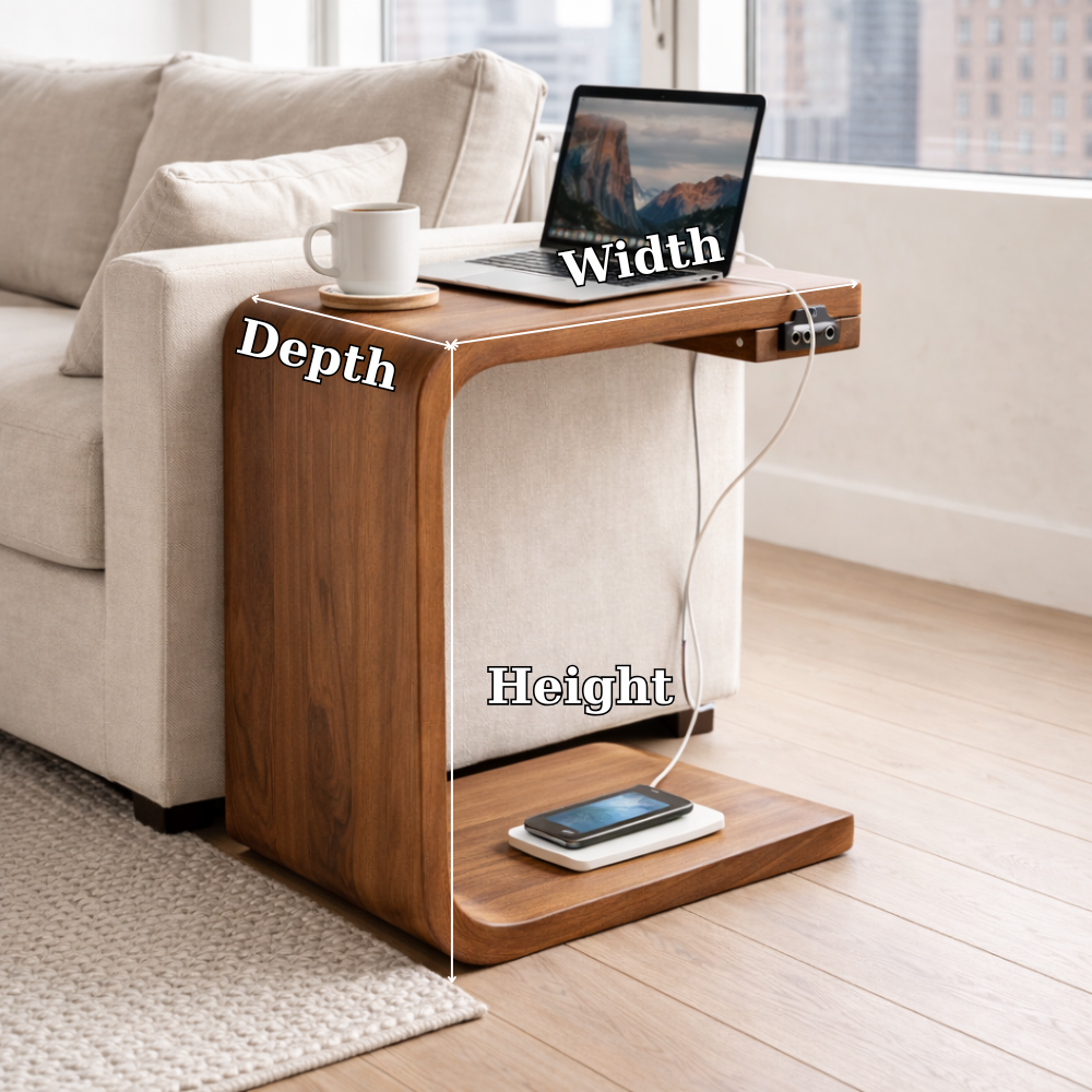 Solid Wood C-Shaped End Table with Charging Port – Modern Sofa Side Table Kitchnce