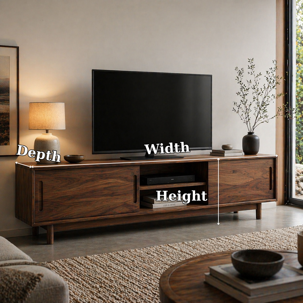Solid Wood Media Console with Sliding Doors, Mid Century Modern TV Stand Storage