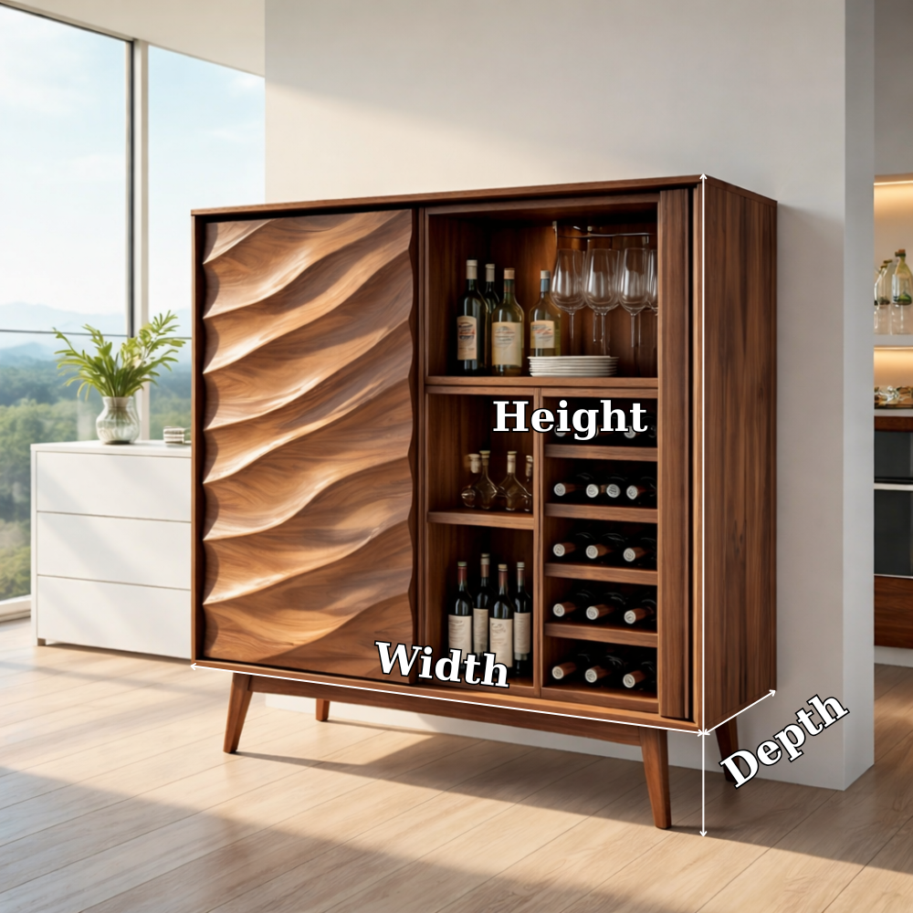 Modern Solid Wood Bar Cabinet with Wine Rack & Sculpted Door – Mid Century Home Bar Storage