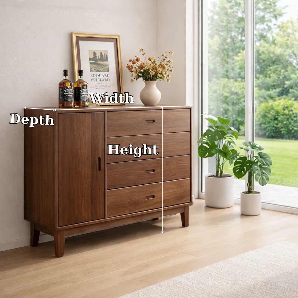 Mid Century Storage Sideboard Cabinet with 4 Drawers and Door – Compact Console