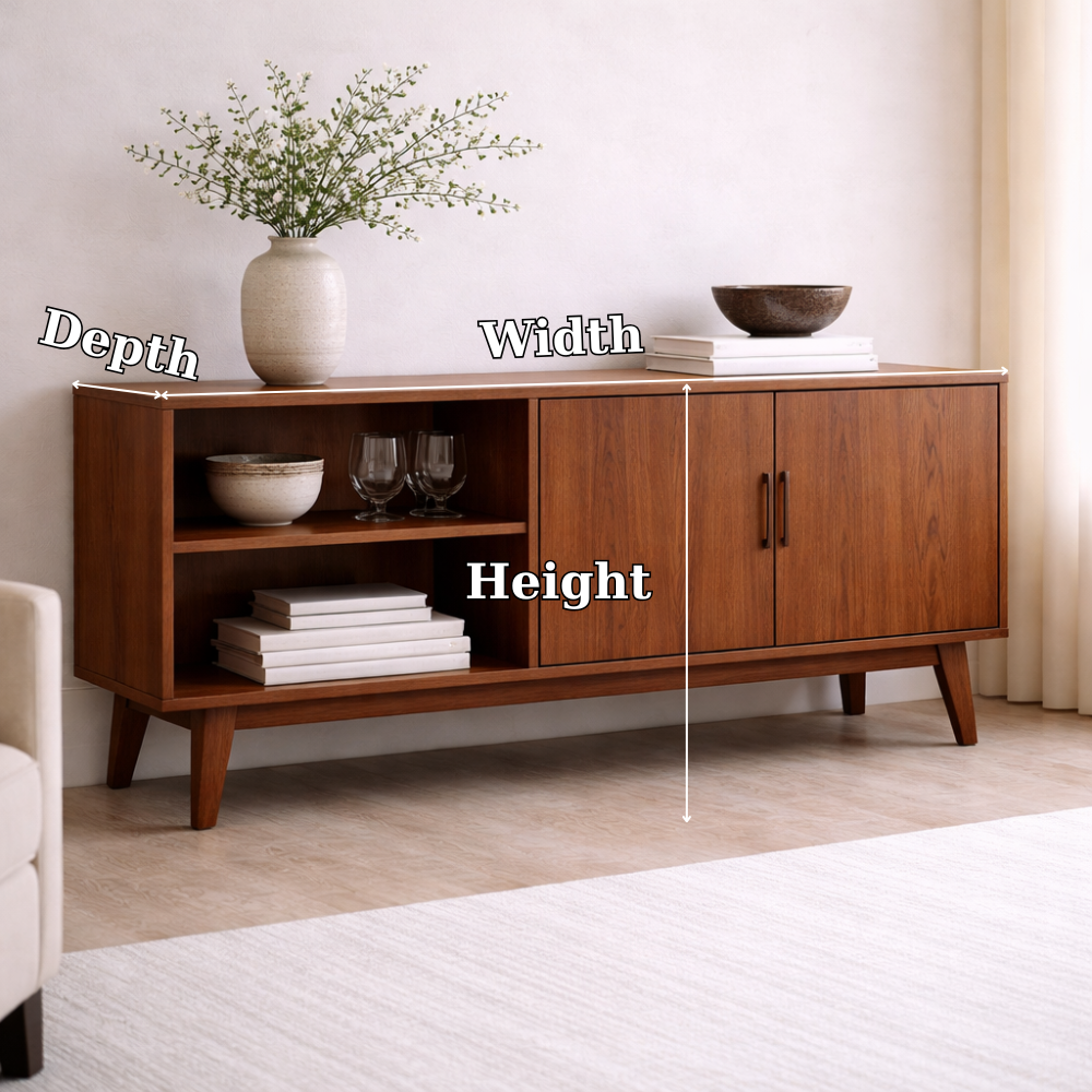 Solid Wood Console Cabinet with Open Shelves and Storage Doors