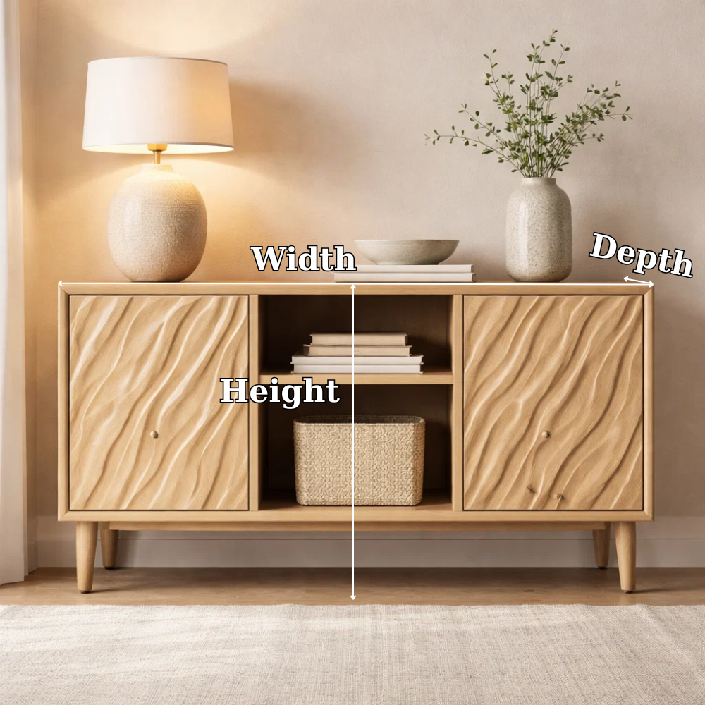 Solid Wood Console Cabinet with Wave Carved Doors & Open Shelf Storage