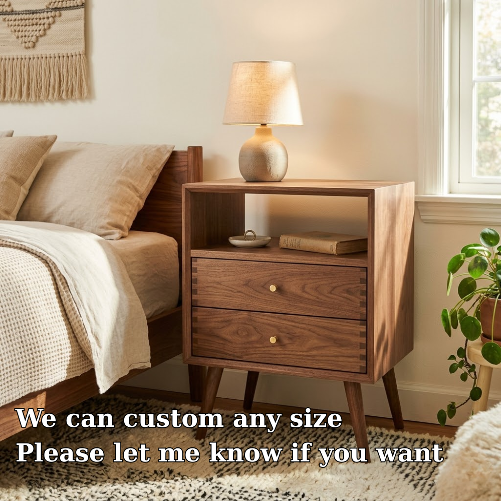 Solid Nightstand - Mid-Century Modern Bedside Table with Open Shelf & 2 Drawers