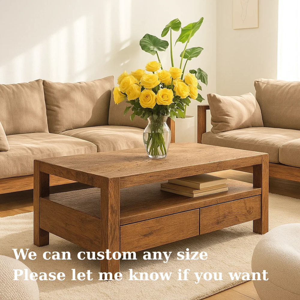 Handcrafted Solid Wood Coffee Table – Modern Rustic Center Table with Drawers and Open Shelf for Minimalist Living Room Décor Kitchnce